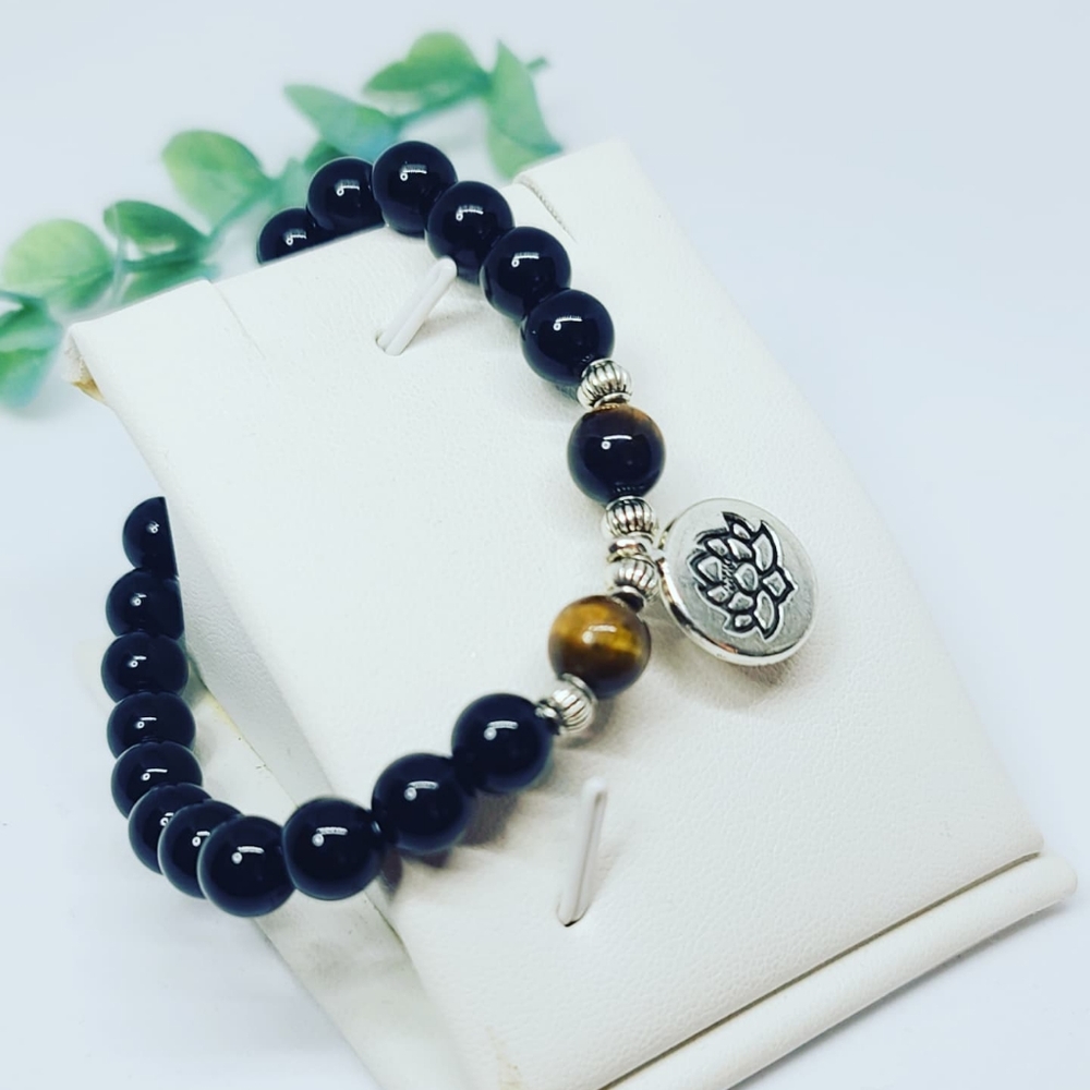 Black Agate and Tiger Eye Bracelet with Lotus Charm 🤩
